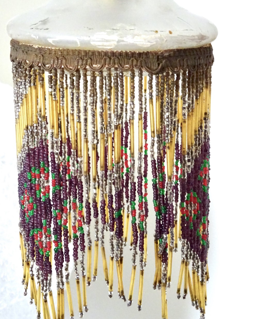 AN ORIGINAL BEADED LAMPSHADE WITH ORIGINAL OPAQUE GLASS TOP View III