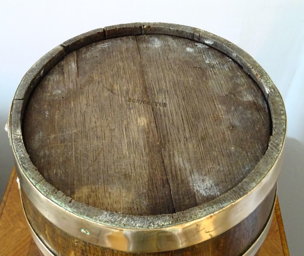 AN OAK COOPERED BARREL WITH BRONZE BANDING View III