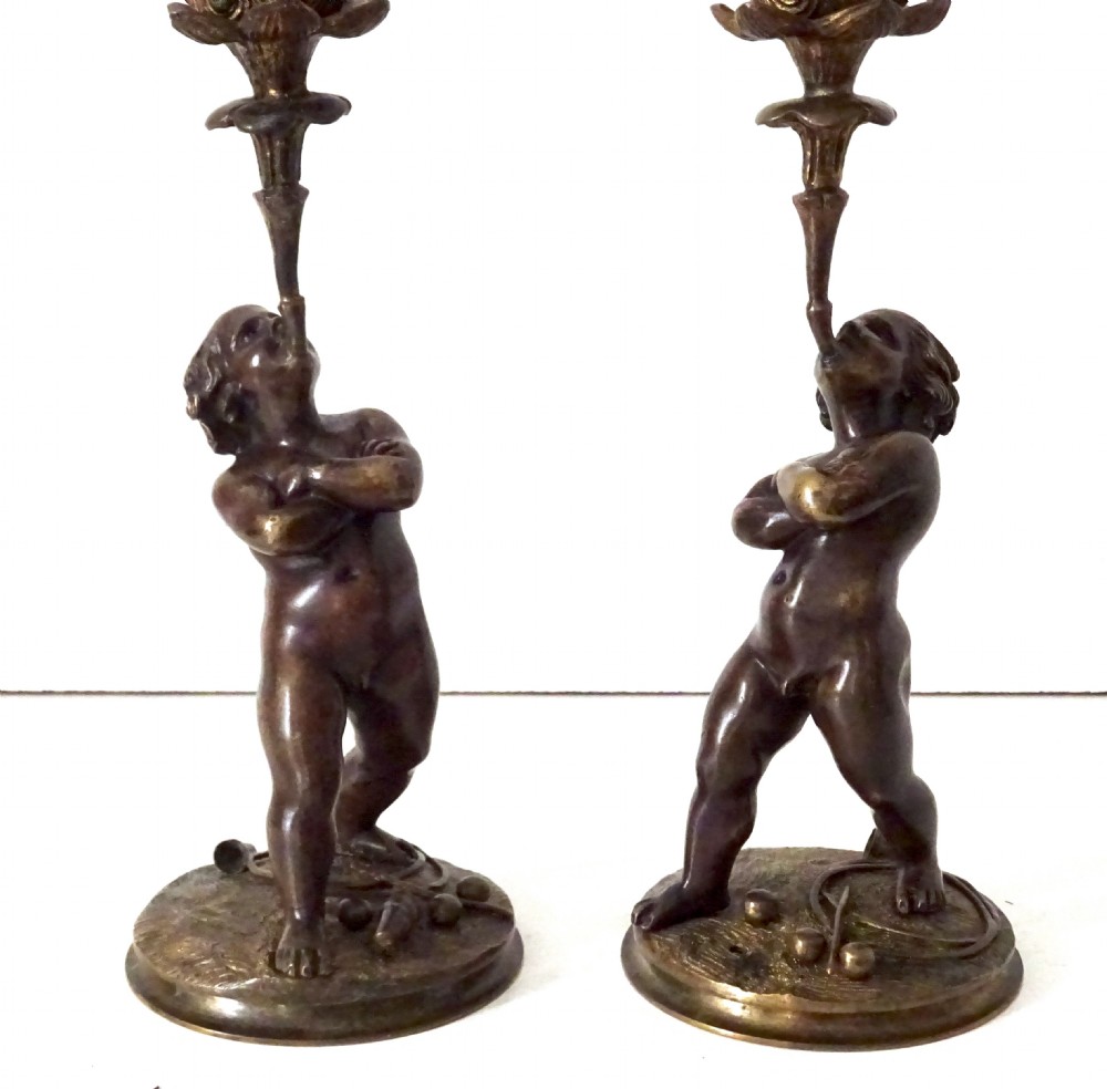 PAIR VICTORIAN BRONZE CHERUB CANDLESTICKS View VI