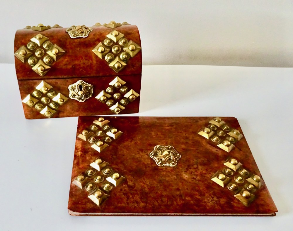 A WALNUT AND BRASS STATIONERY BOX AND BLOTTER