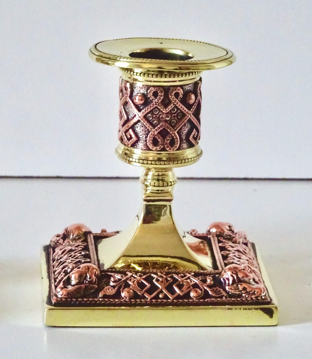 PAIR OF BRASS AND COPPER FILIGREE CANDLESTICKS View III
