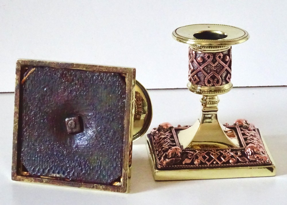 PAIR OF BRASS AND COPPER FILIGREE CANDLESTICKS View IV