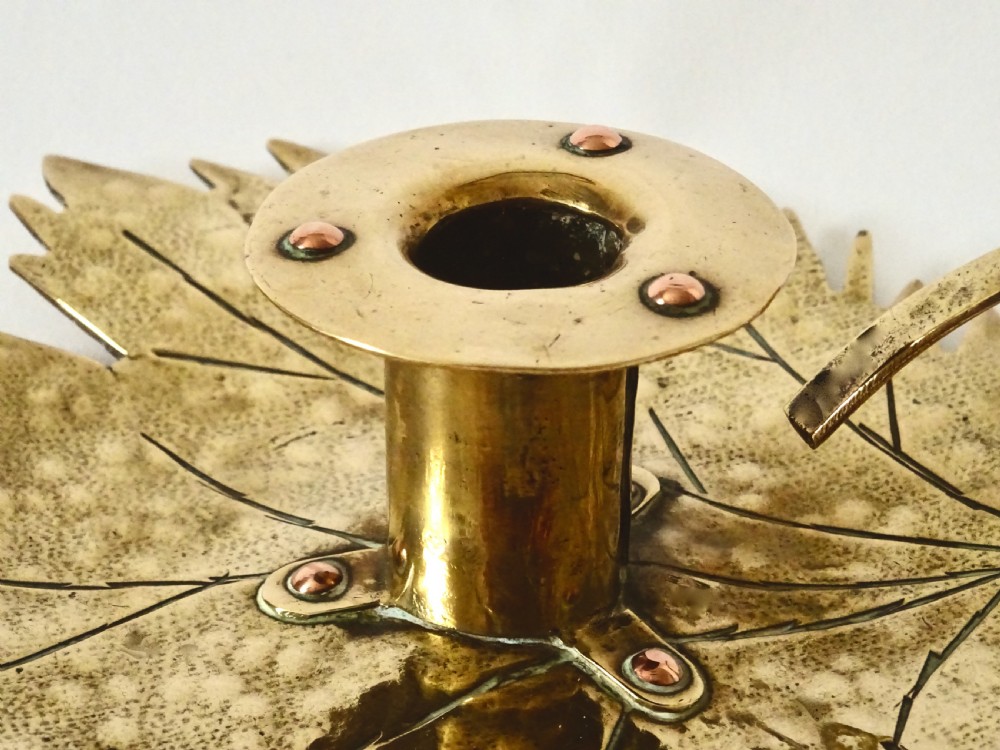 ARTS AND CRAFTS LEAF SHAPED BRASS AND COPPER CANDLE HOLDER View II