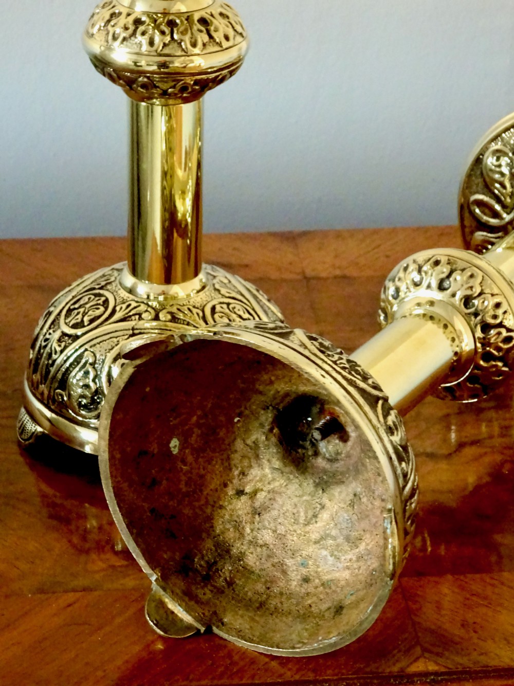 PAIR EARLY 20thC BRASS CANDLESTICKS View V