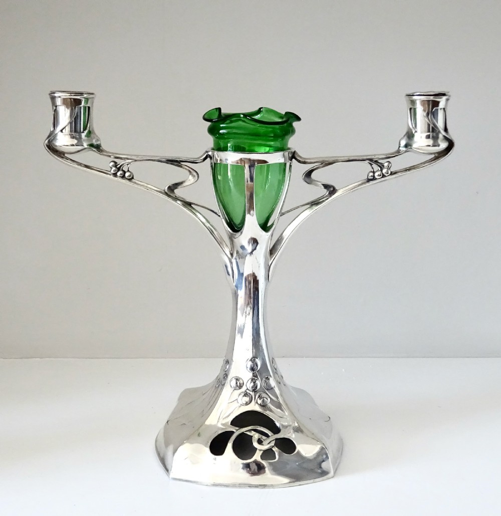ART NOUVEAU CANDLESTICK  WITH GLASS FLOWER VASE