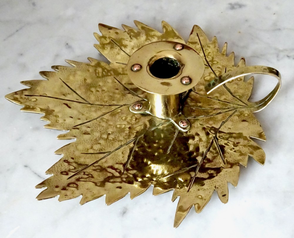 ARTS AND CRAFTS LEAF SHAPED BRASS AND COPPER CANDLE HOLDER View III