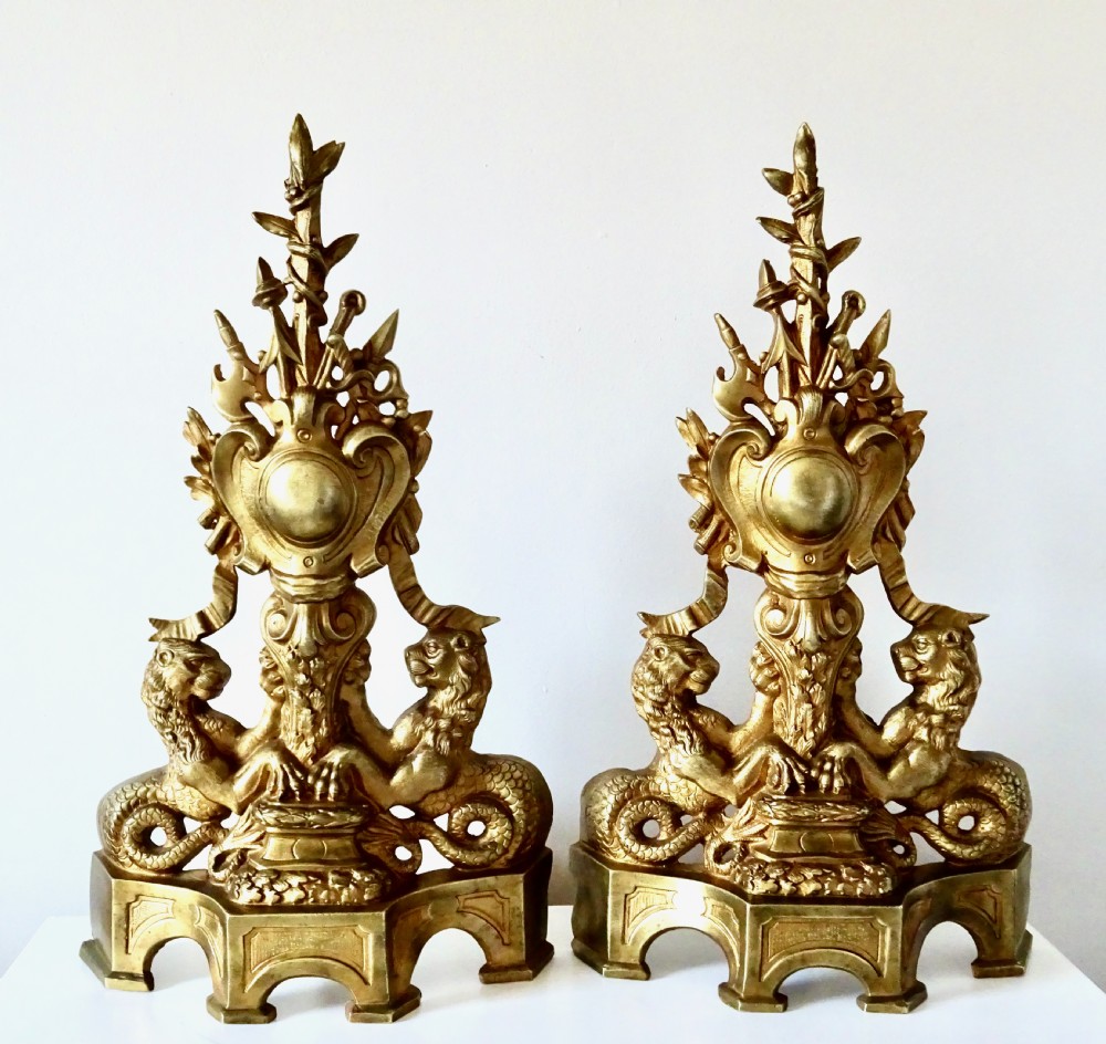 PAIR OF VICTORIAN GILDED  FIRE DOGS 