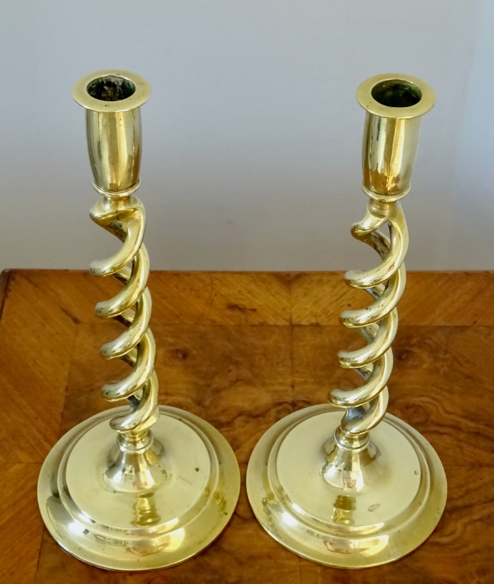 PAIR BRASS OPEN TWIST TALL CANDLESTICKS View II