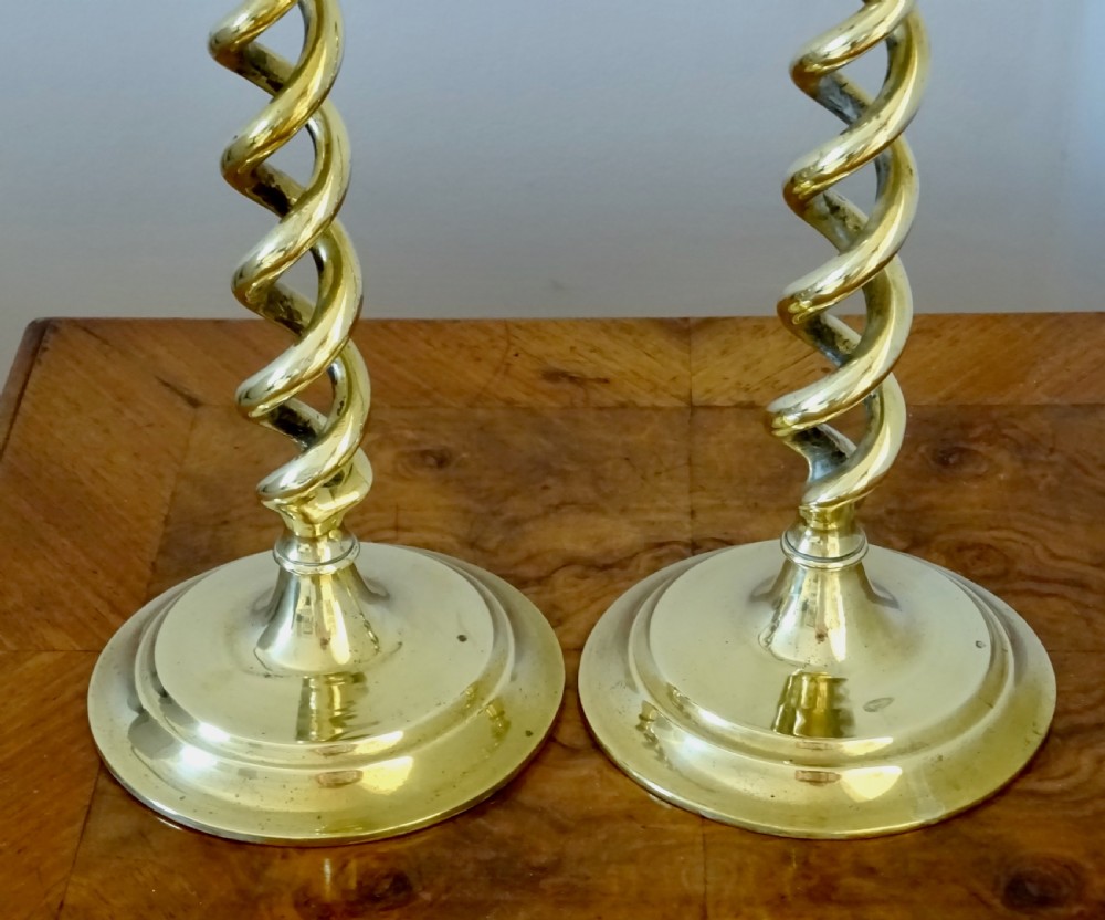 PAIR BRASS OPEN TWIST TALL CANDLESTICKS View V