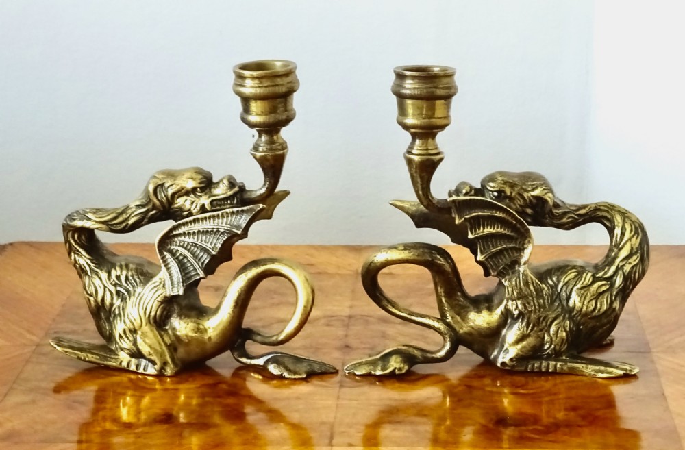 PAIR 19thC BRONZE DRAGON CANDLESTICKS
