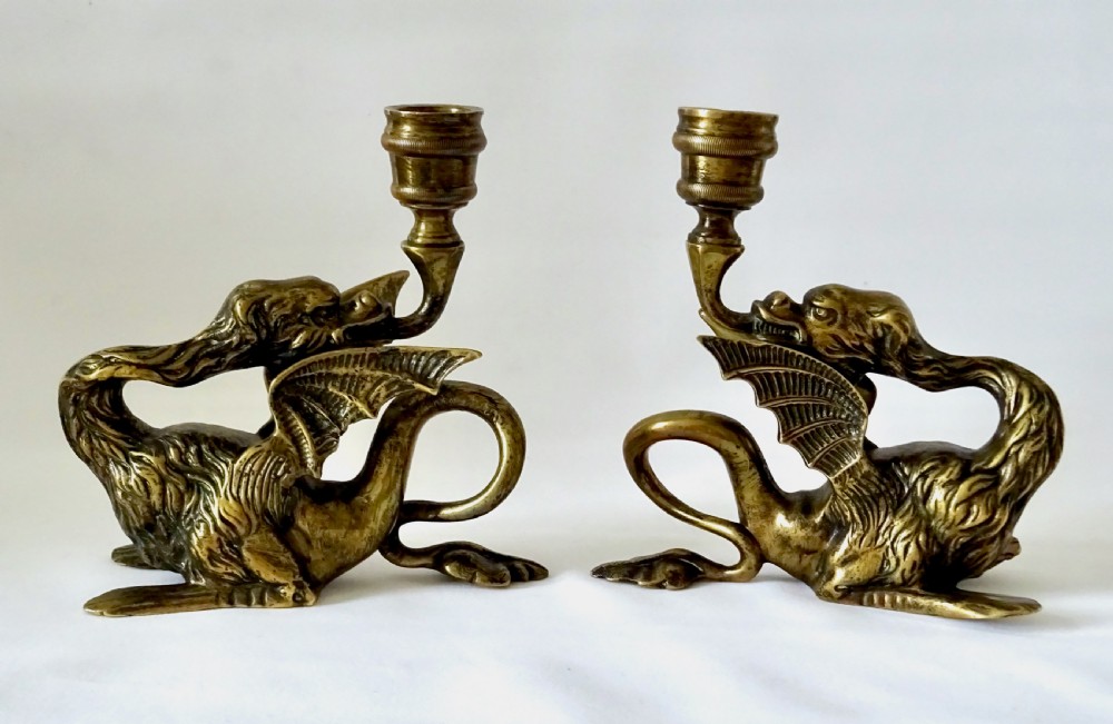 PAIR 19thC BRONZE DRAGON CANDLESTICKS View II