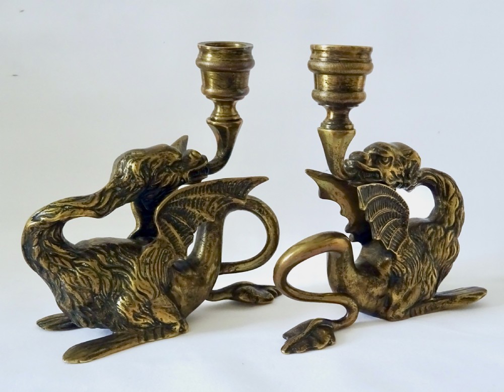 PAIR 19thC BRONZE DRAGON CANDLESTICKS View VII