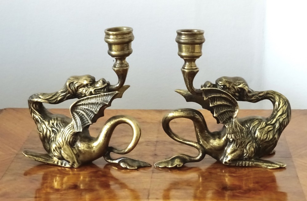 PAIR 19thC BRONZE DRAGON CANDLESTICKS View IX
