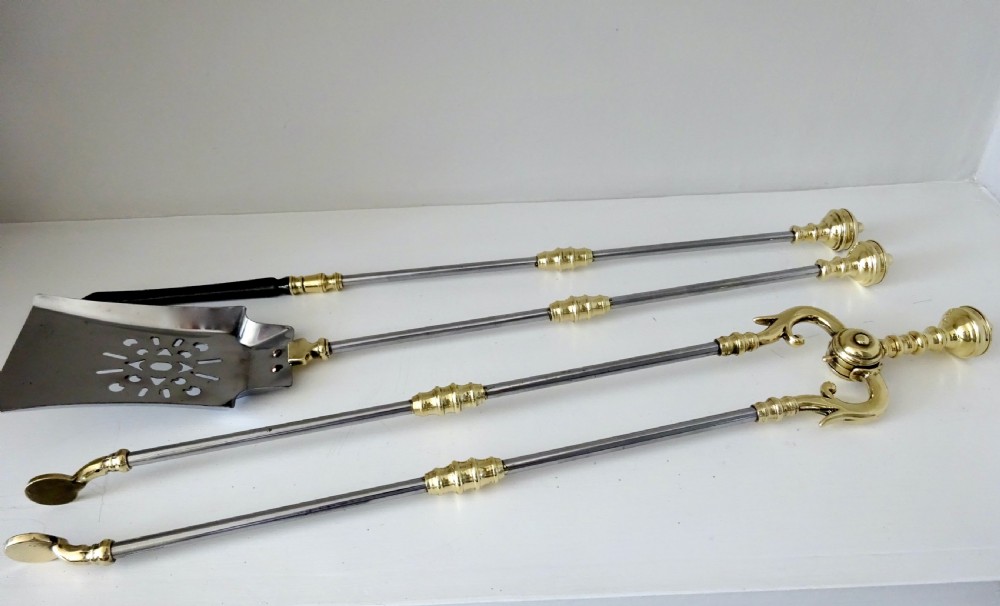SET OF STEEL AND BRASS FIRE IRONS