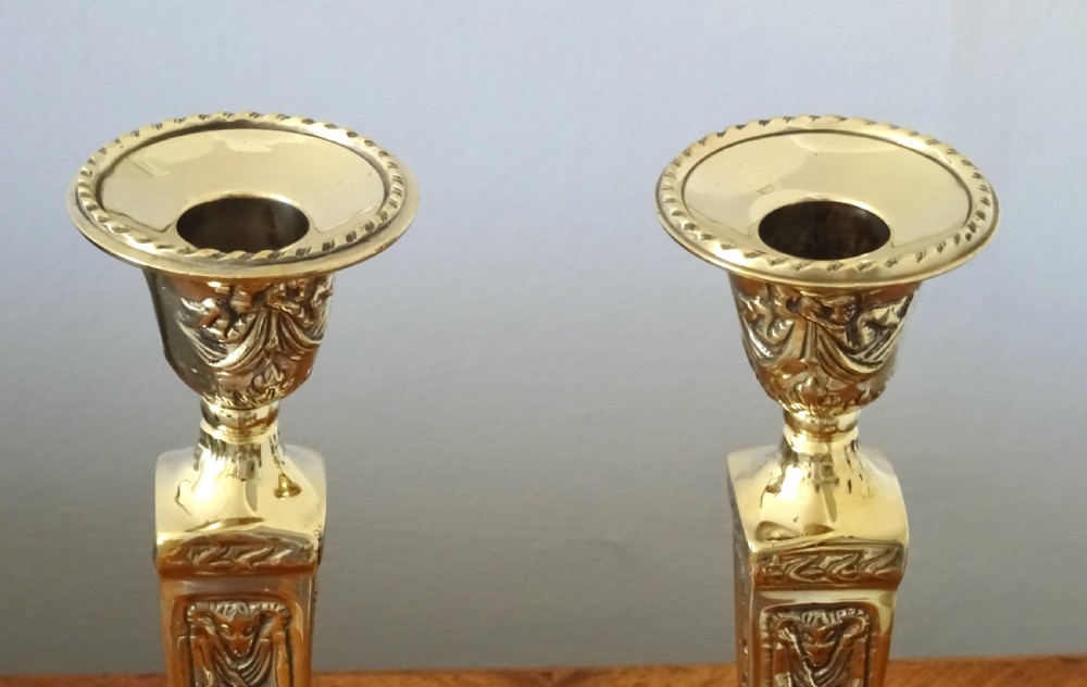 CIRCA 1900 PAIR DECORATIVE BRASS CANDLESTICKS View II