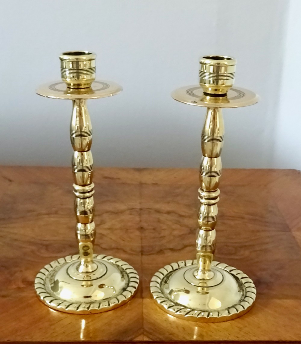 PAIR ENGINE TURNED HEAVY BRASS CANDLESTICKS