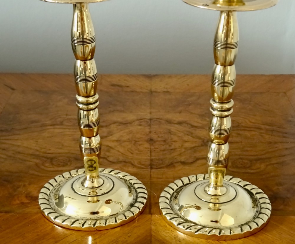 PAIR ENGINE TURNED HEAVY BRASS CANDLESTICKS View II