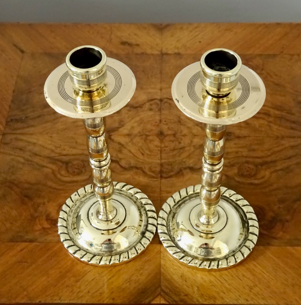 PAIR ENGINE TURNED HEAVY BRASS CANDLESTICKS View III