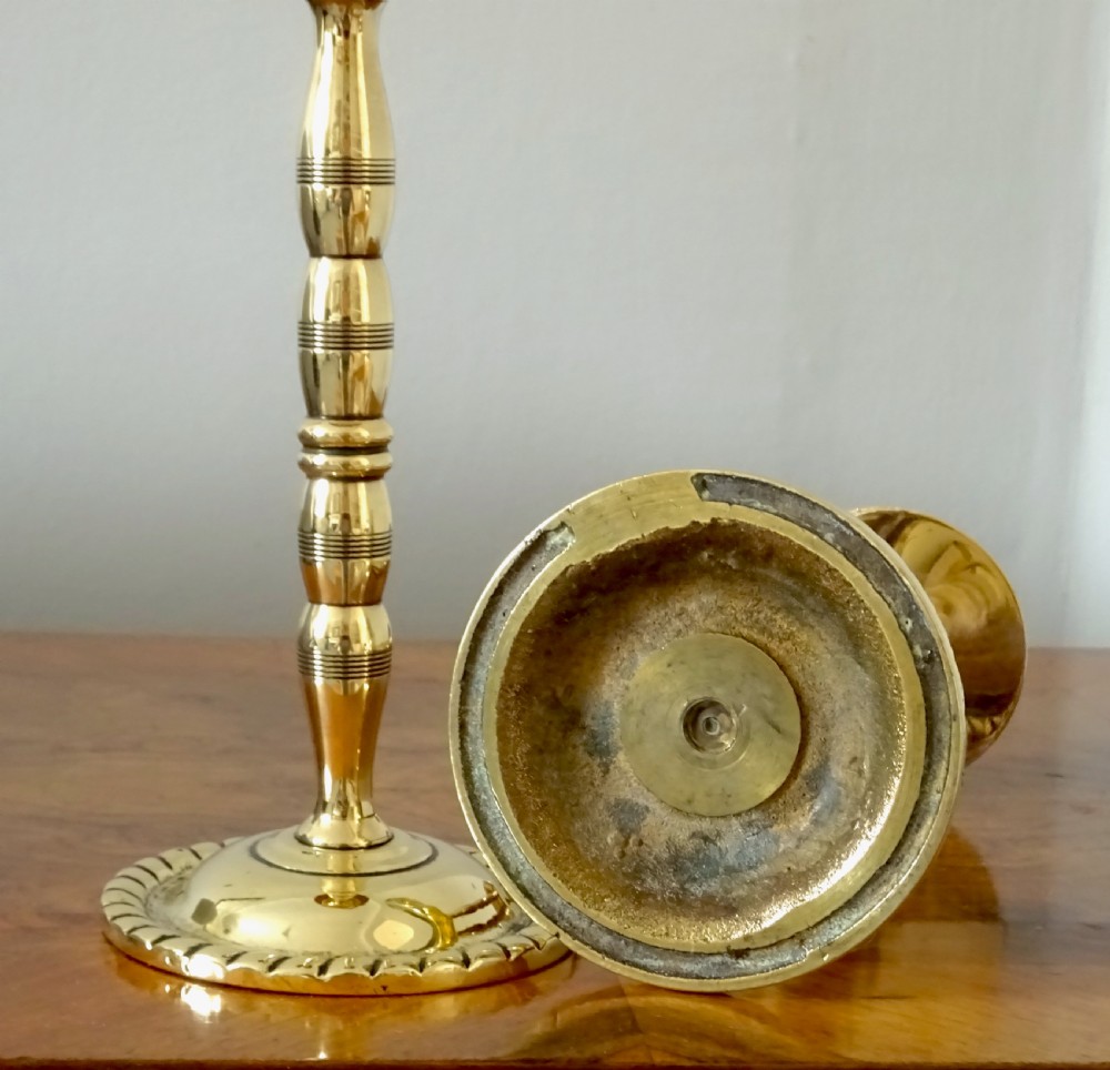 PAIR ENGINE TURNED HEAVY BRASS CANDLESTICKS View V