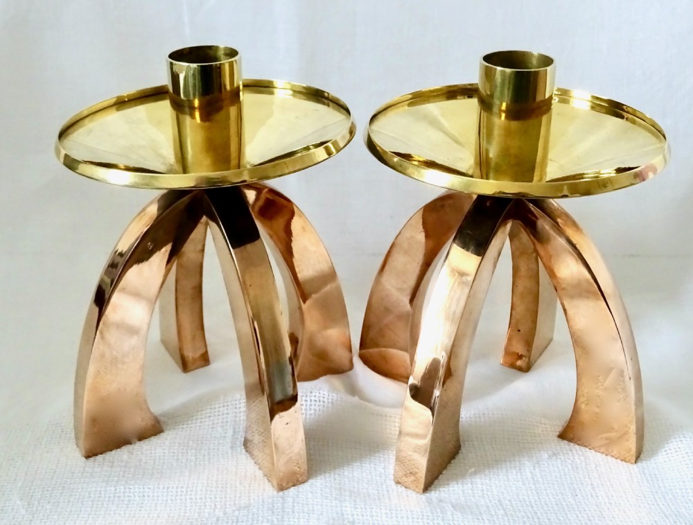 ARTS AND CRAFTS BRONZE AND BRASS CANDLESTICKS