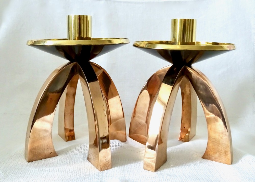ARTS AND CRAFTS BRONZE AND BRASS CANDLESTICKS View II