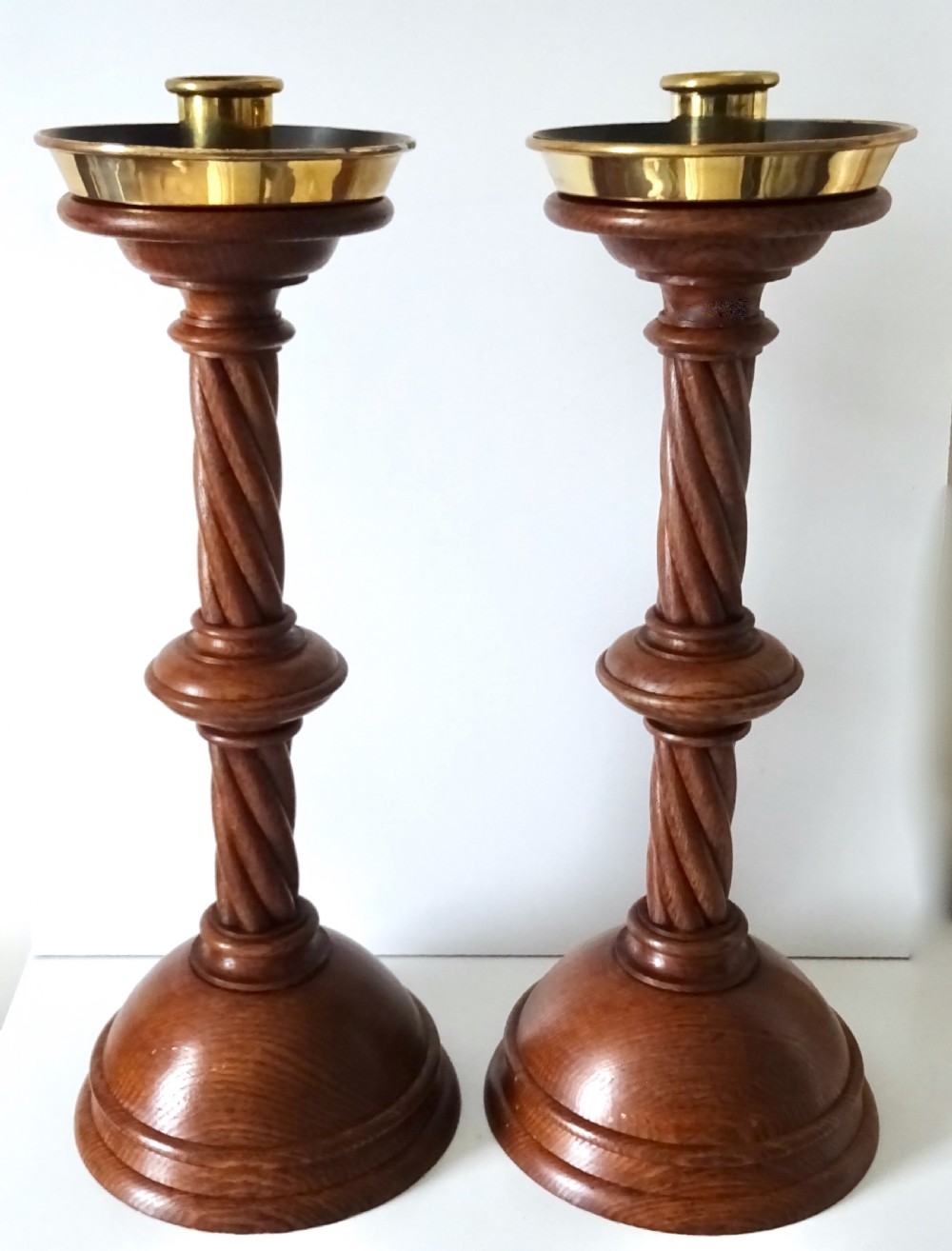 TALL OAK CANDLESTICKS WITH TIN LINED BRASS CANDLE CUPS
