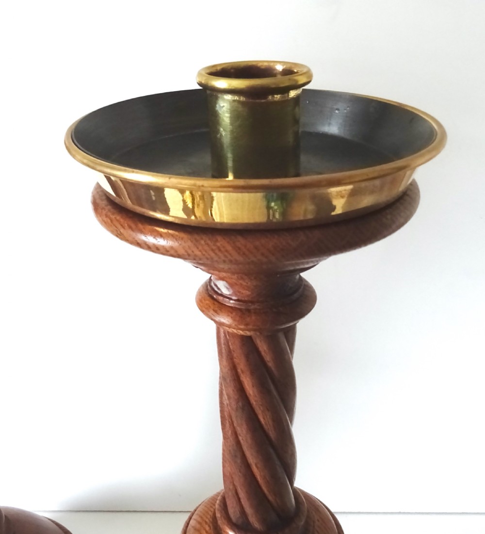 TALL OAK CANDLESTICKS WITH TIN LINED BRASS CANDLE CUPS View II