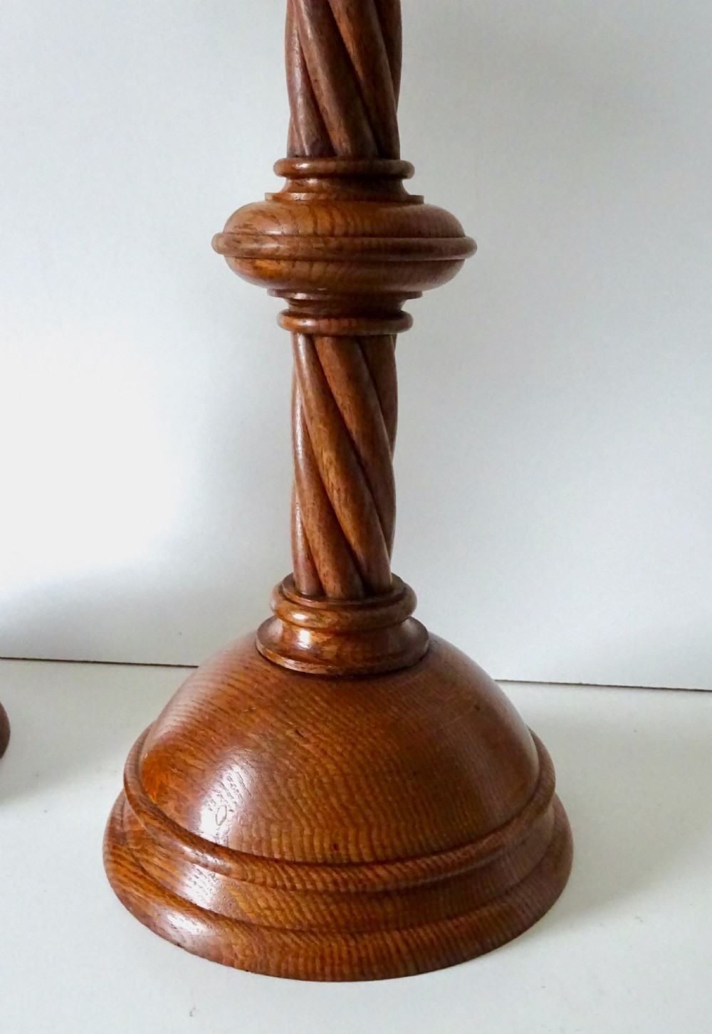 TALL OAK CANDLESTICKS WITH TIN LINED BRASS CANDLE CUPS View III