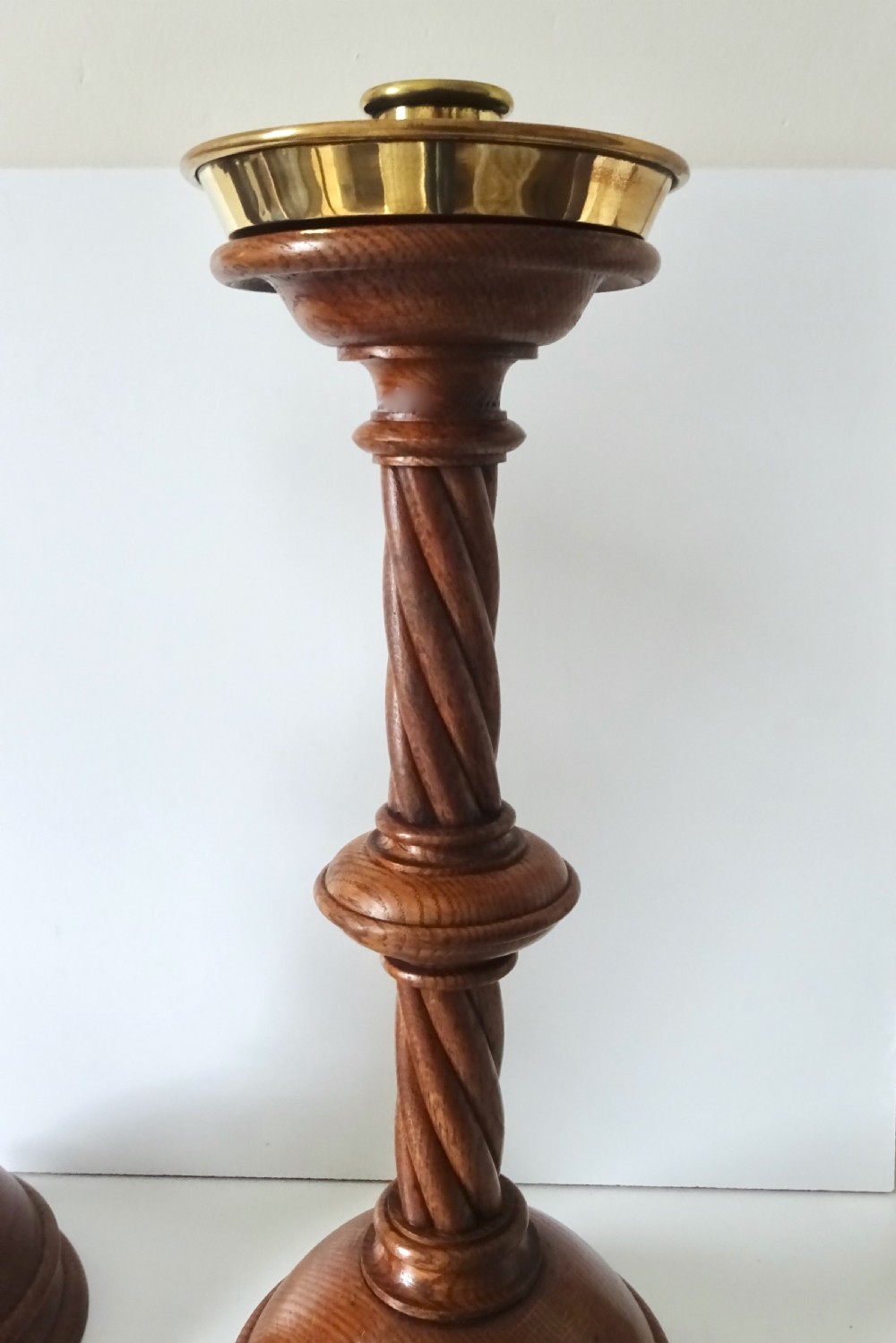 TALL OAK CANDLESTICKS WITH TIN LINED BRASS CANDLE CUPS View IV