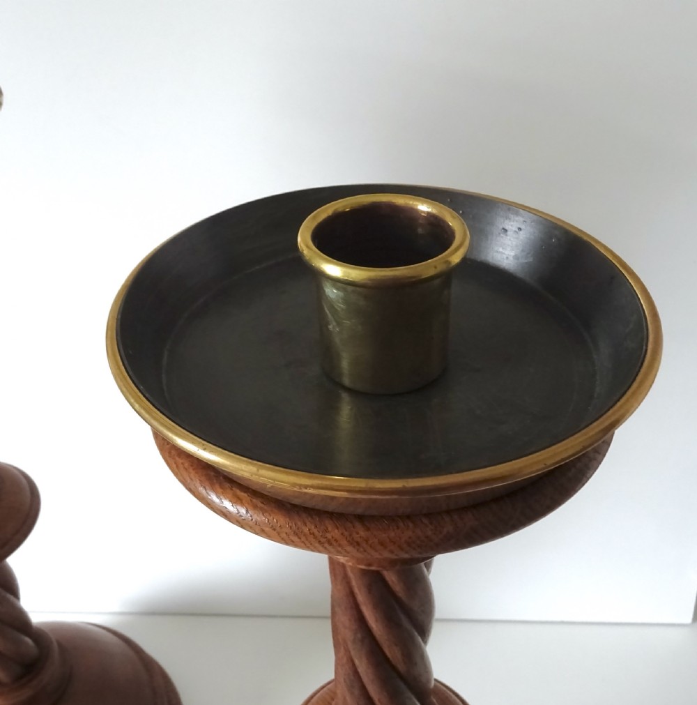TALL OAK CANDLESTICKS WITH TIN LINED BRASS CANDLE CUPS View V
