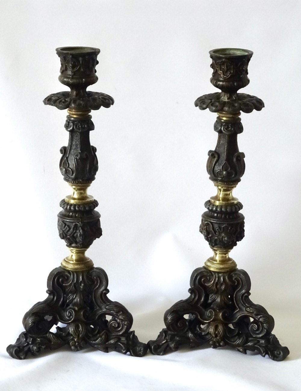 PAIR SPELTER AND BRASS CANDLESTICKS