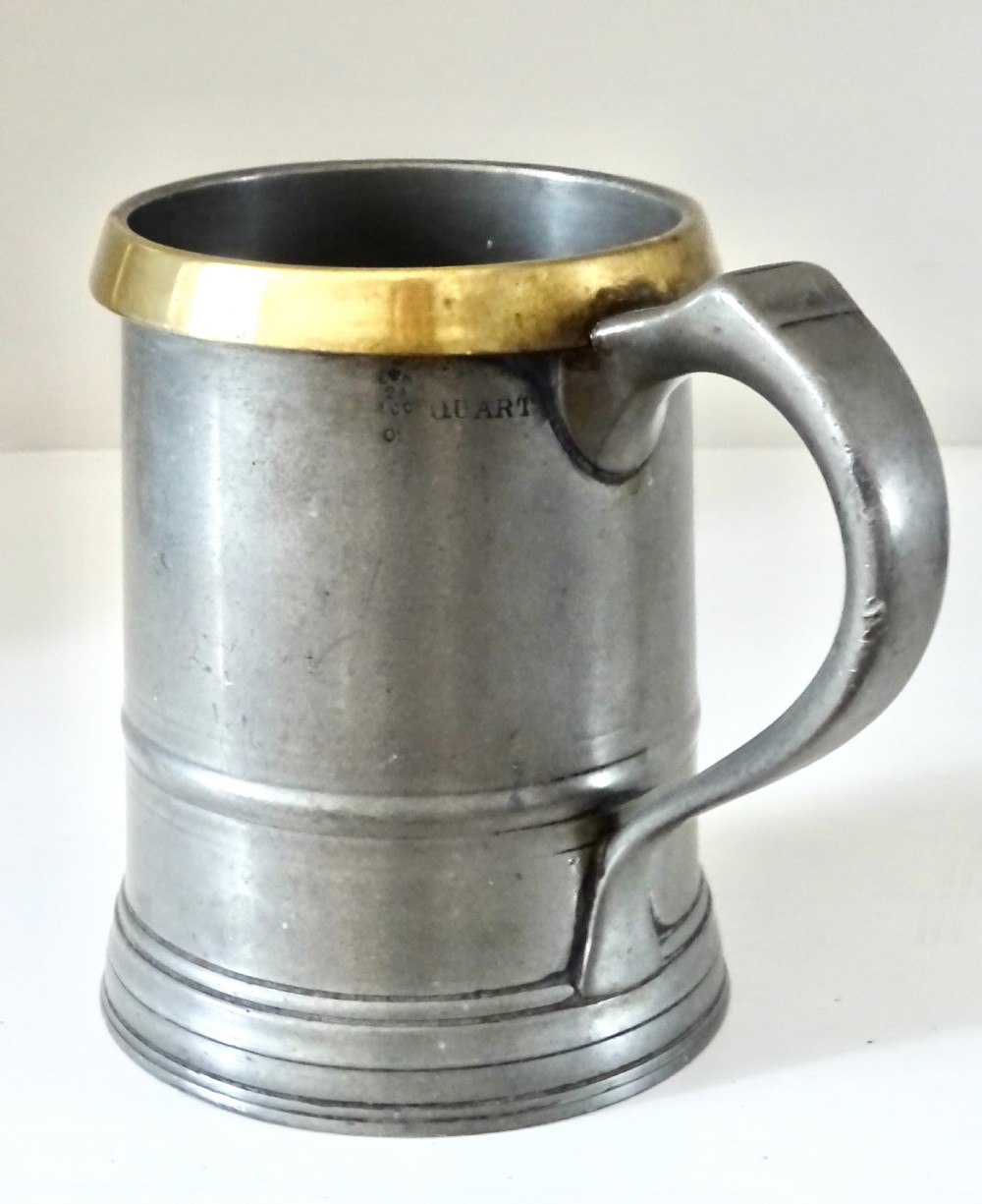 TWO LOFTUS PEWTER TANKARDS WITH BRASS RIMS View III