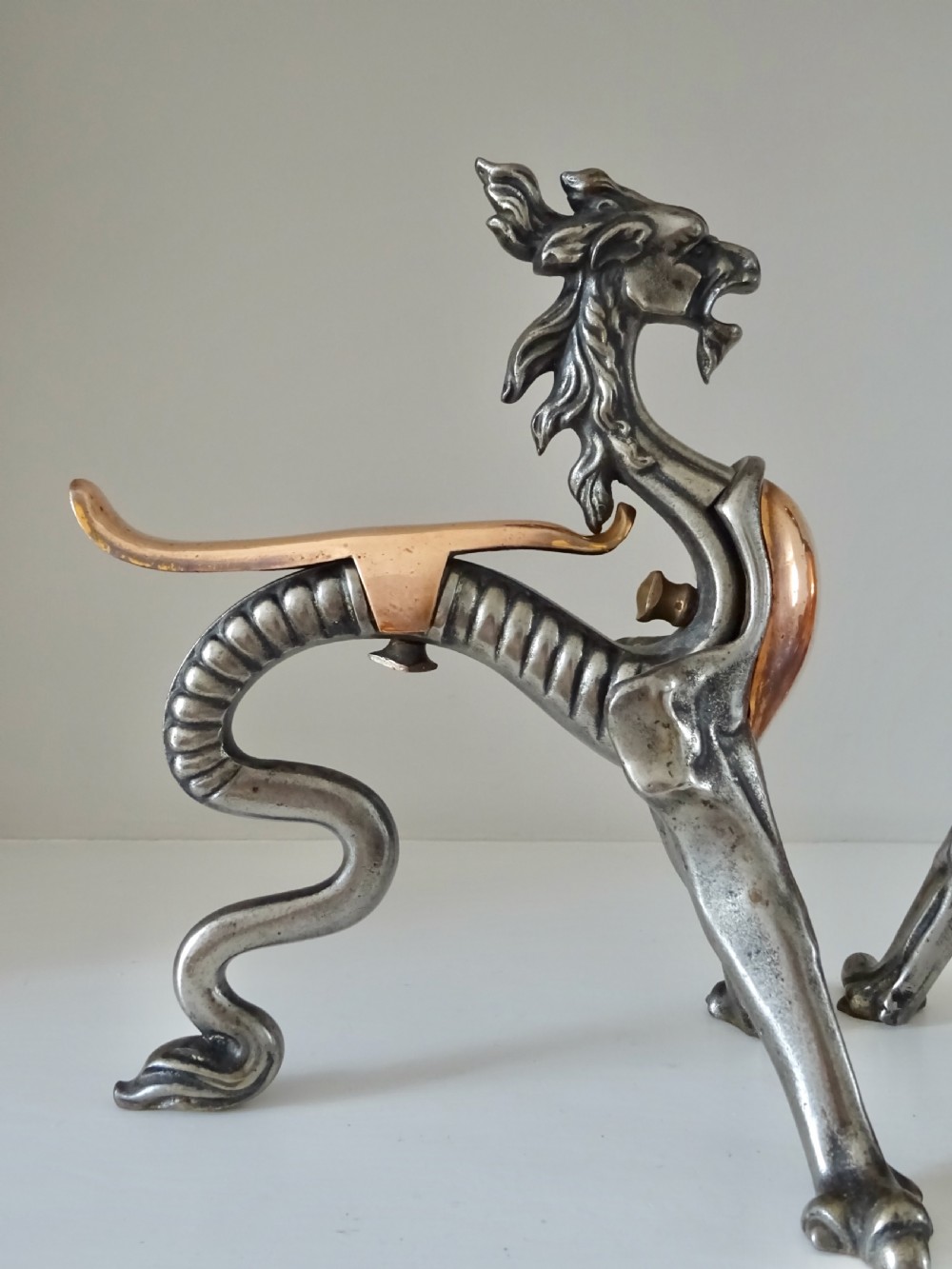 PAIR OF IRON AND COPPER DRAGON FIRE DOGS View IV