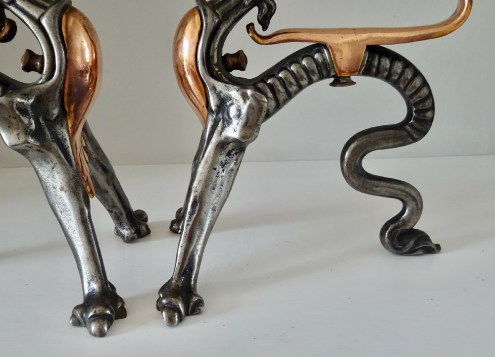 PAIR OF IRON AND COPPER DRAGON FIRE DOGS View V