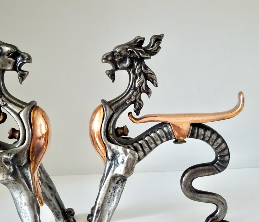 PAIR OF IRON AND COPPER DRAGON FIRE DOGS View III