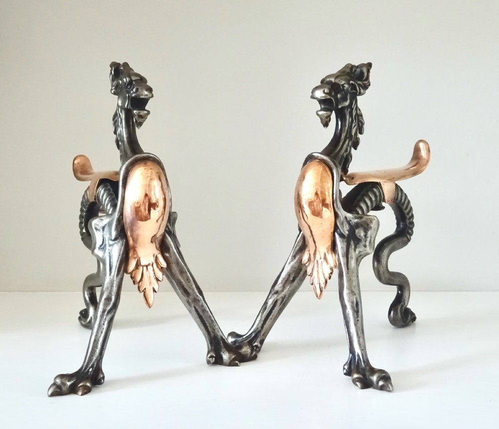 PAIR OF IRON AND COPPER DRAGON FIRE DOGS View II