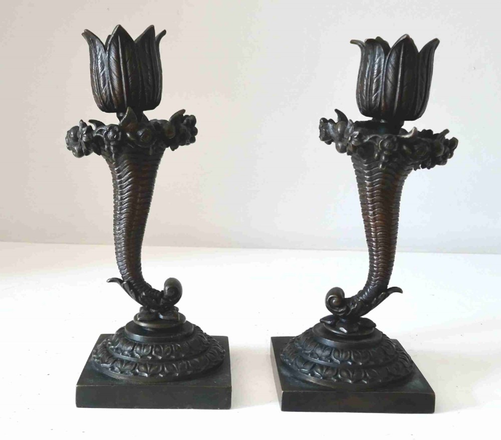 1830-60 PAIR BRONZE CANDLESTICKS