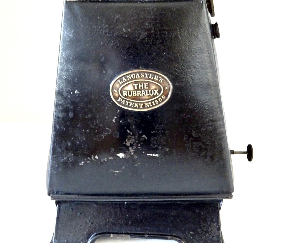 Victorian black painted metal photographers darkroom oil lamp with brass adjusters and top ventilation chimney. View IX