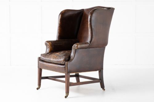 late 19th century mahogany leather wing chair - CATEGORY: ANTIQUE CHAIRS - DATED 19TH CENTURY