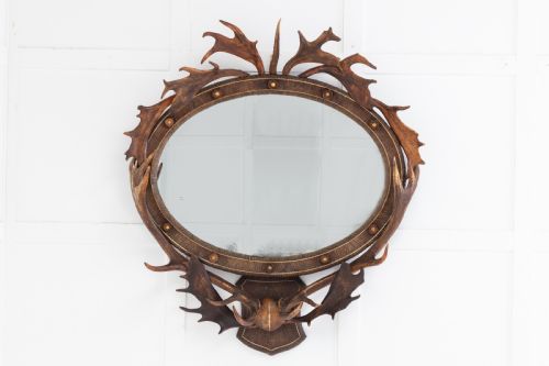 19th century oval antler mirror - CATEGORY: ANTIQUE MIRRORS - DATED 19TH CENTURY