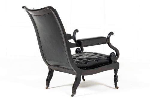 MID 19TH CENTURY EBONISED AND LEATHER LIBRARY ARMCHAIR - ADDITIONAL PHOTO 3