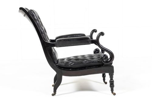 MID 19TH CENTURY EBONISED AND LEATHER LIBRARY ARMCHAIR - ADDITIONAL PHOTO 4