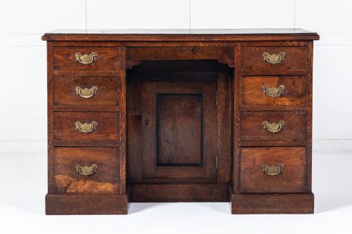 19th century english burr oak pedestal kneehole desk - CATEGORY: ANTIQUE DESKS - DATED 19TH CENTURY