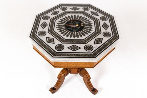 19th century italian oak octagonal table with inlaid marble top - CATEGORY: ANTIQUE TABLES - DATED 19TH CENTURY