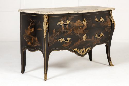FRENCH BOMBE CHINOISERIE JAPANNED LACQUER COMMODE C1900