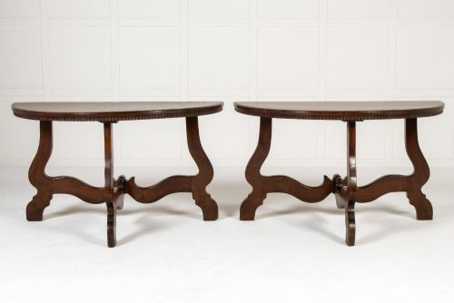 PAIR OF 18TH CENTURY ITALIAN WALNUT DEMI LUNE CONSOLE TABLES