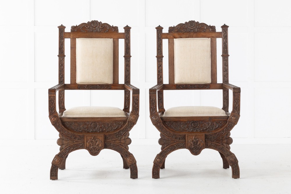 19th Century Pair of Carved Anglo Indian Armchairs