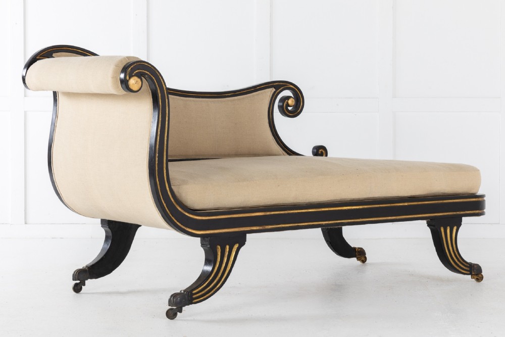 Early 19th Century Regency Ebonised and Gilt Chaise Longue View V
