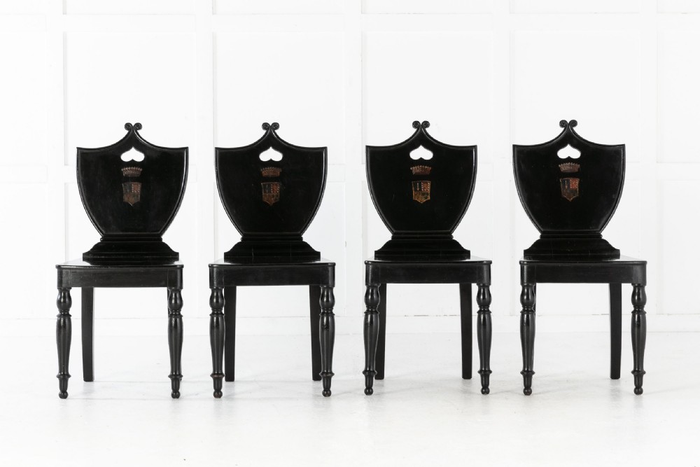 Set of Four 19th Century English Ebonised Hall Chairs