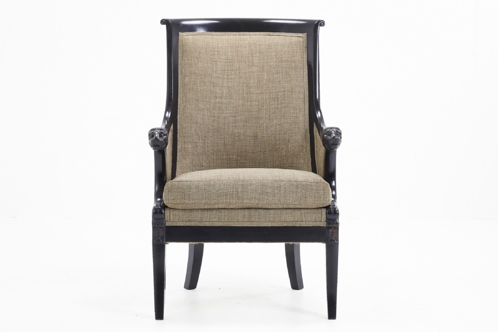 19th Century French Ebonised Armchair with Carved Lion's Heads